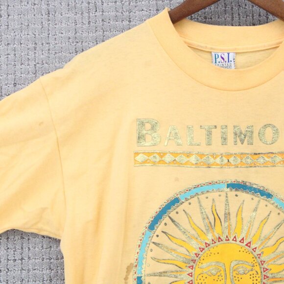 Vintage P.S.I Shirt Mens Large Yellow Short Sleeve Baltimore Sun Graphic Art Y2k - Picture 3 of 9